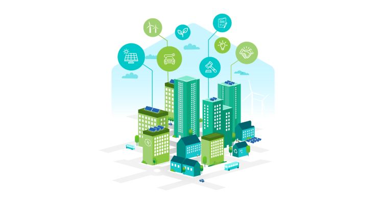 A city with buildings and icons related to climate-smart governance